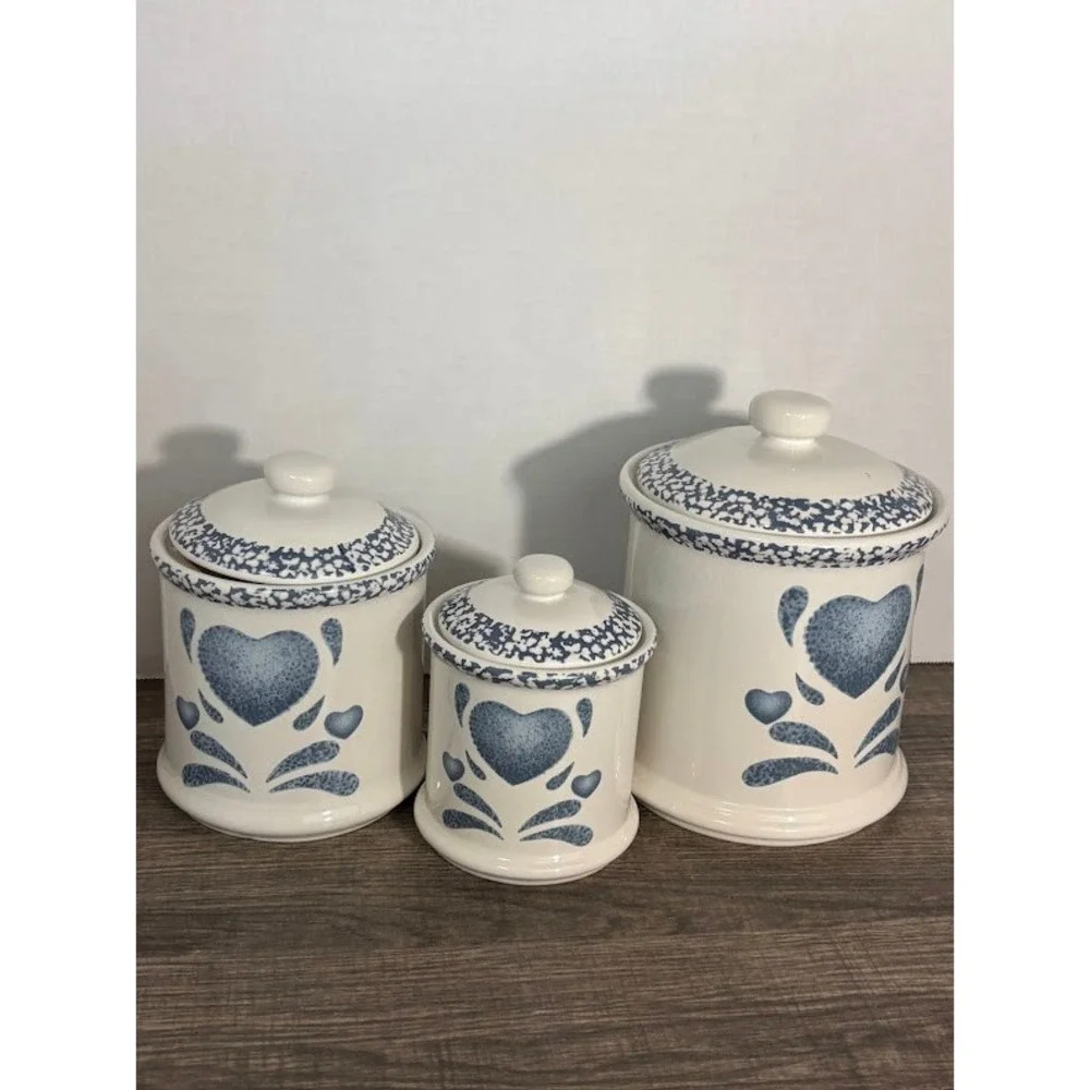 Jay Import Co Vintage Blue Heart Sponge Paint Ceramic Canister Set 3pc Farmhouse